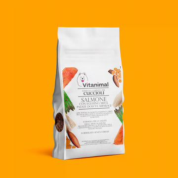 Crocchette gusto Salmone con eglefino, melù, patate dolci e asparagi – Cucciolo